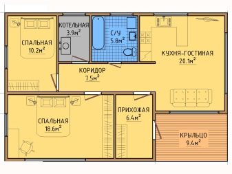 Планировка дома 7 на 9 одноэтажный с двумя спальнями