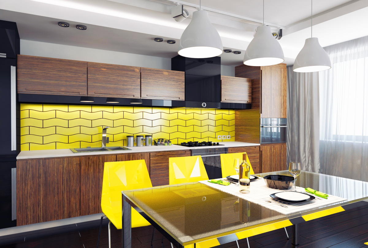 Дизайн кухни с панелями. Отделка стен на кухне. Современная отделка кухни. Желтая плитка на кухне. Стеновые панели для кухни.