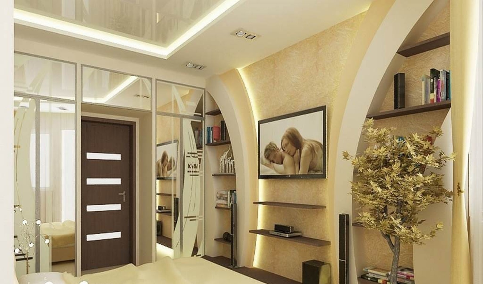 Дизайн комнаты с полками из гипсокартона
