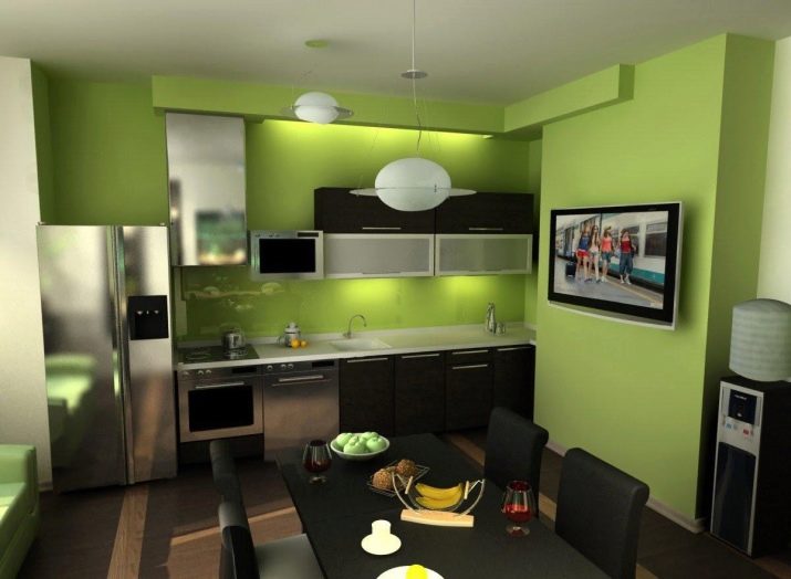 Зеленые обои на кухне с коричневой мебелью