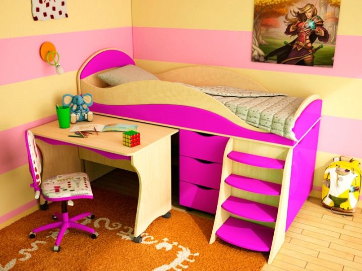 Кровать чердак с рабочей зоной для девочки 7 лет